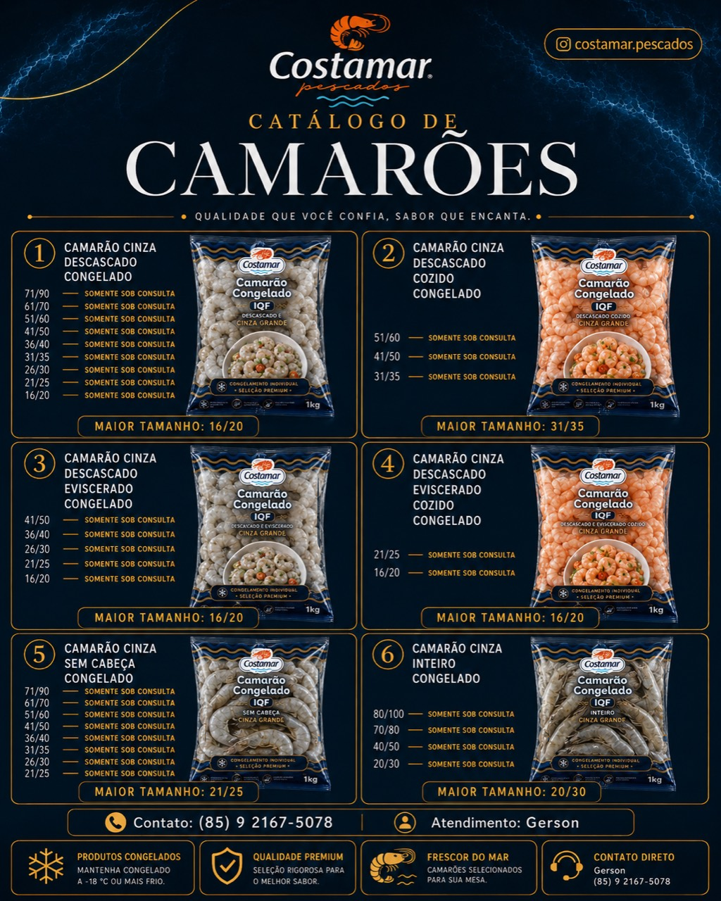 Catálogo de Camarões Costamar — 6 variedades de camarão congelado IQF com calibragens disponíveis