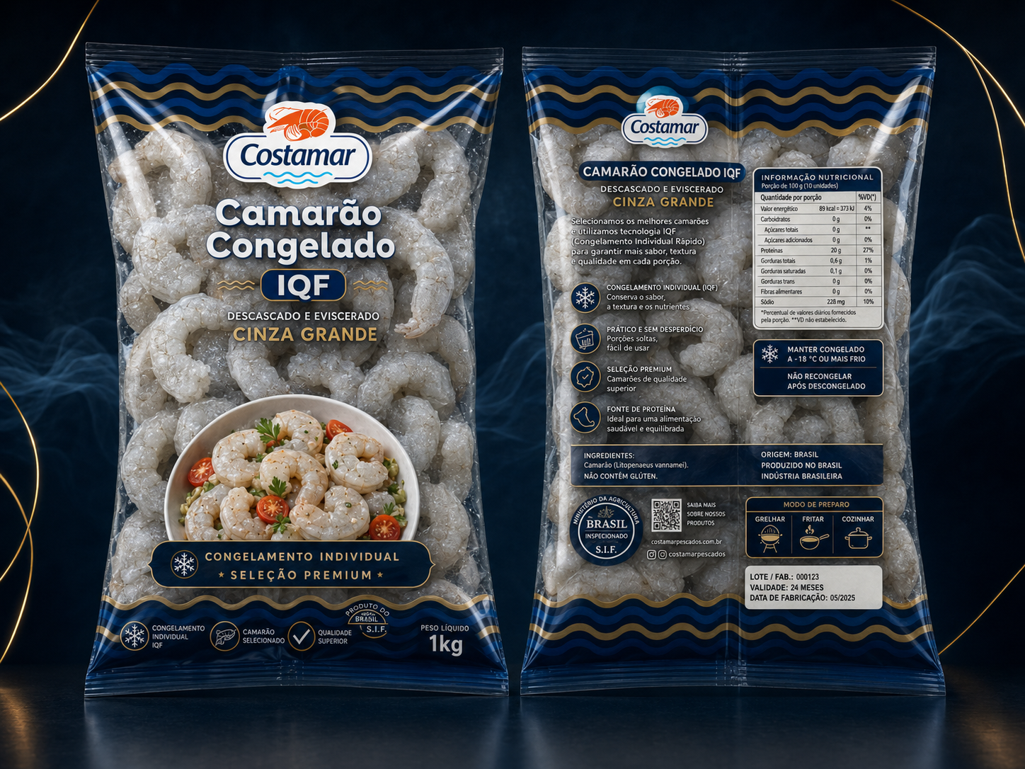 Embalagem Camarão Congelado IQF Costamar — Descascado e Eviscerado Cinza Grande 1kg